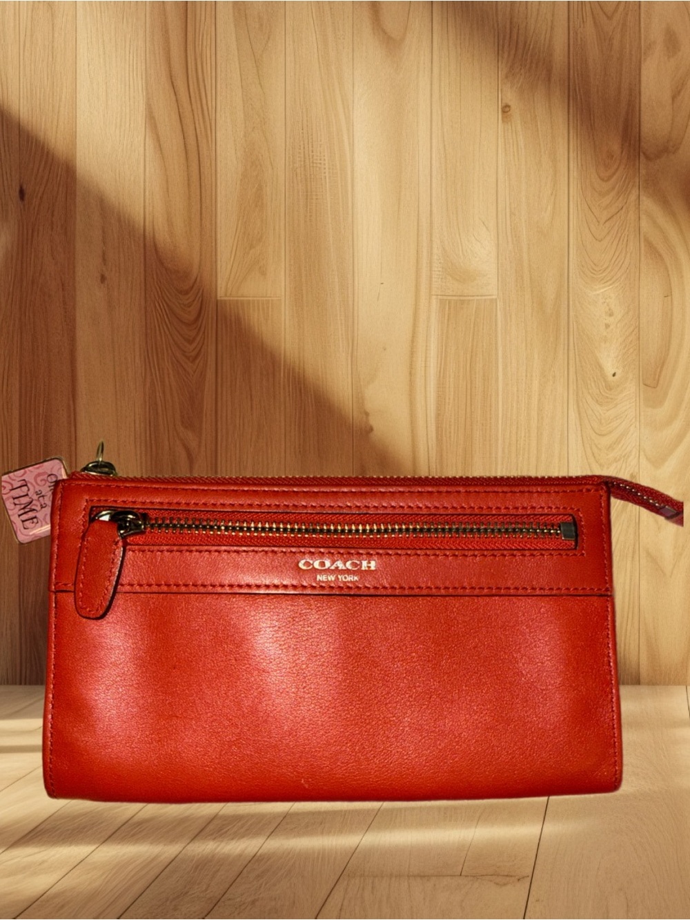 Coach Red Leather Zip Wristlet Clutch Wallet With Front Pocket